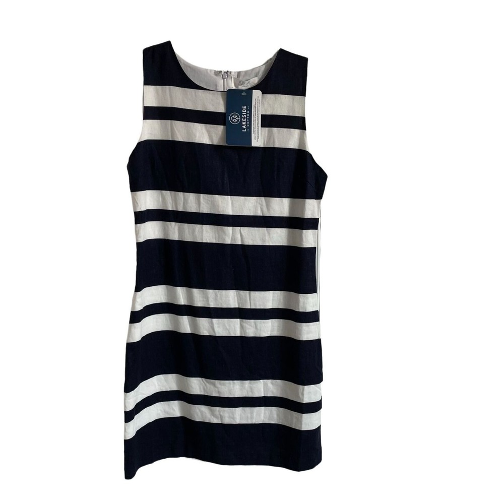 Peach Love Womens Dress Small Navy White Stripe Linen Blend  NEW‎